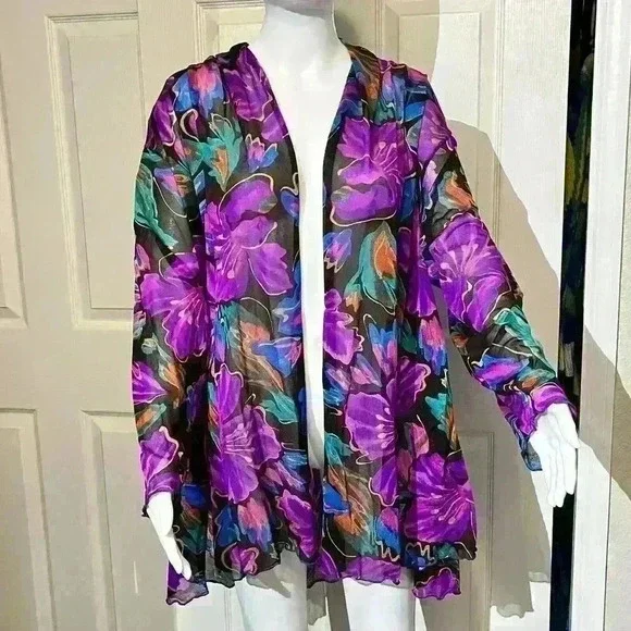 Oscar de la Renta Womens Medium Swimwear Swim Cover Up Sheer Psychedelic Vintage